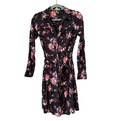 Fat Face Shirt Dress Women's 2 Black Floral Button Front Long Sleeve Belted Mini