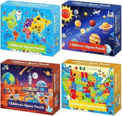 Kids Puzzle Set 4 Themes 100 Pieces USA World Map Solar System Mars Adventure