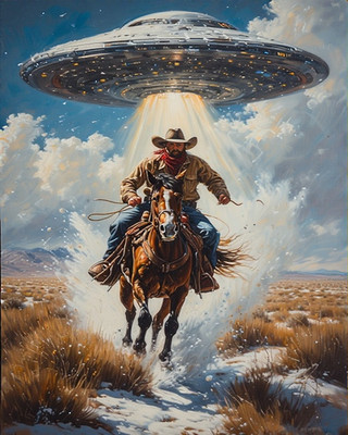 vintage illustration flying saucer  cowboy 3 desert scifi decor Poster 8x10''