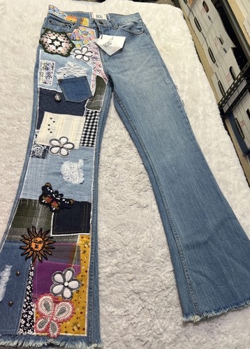 BDG Urban Outfitters Patchwork Flare Jeans Sz 27 Light Wash Jeweled Distressed - Picture 3 of 16
