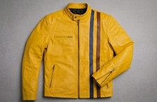 Yellow biker motorcycle leather jacket 2 Stri...