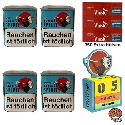 American Spirit Original Blue Tabak Dose 4x 80g Winston Extra Hülsen Holzkalend