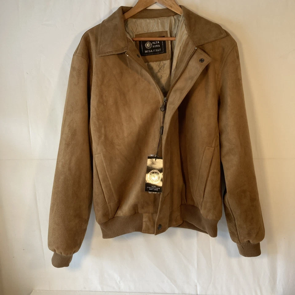 Alta Moda Mens XL Suede Bomber Jacket Brown Mock Neck Collar Zip Closure - Image 4 of 4