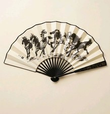 Chinese Folding Hand Fan Horse Painting Calligraphy Bamboo Asian Wall Decor Gift