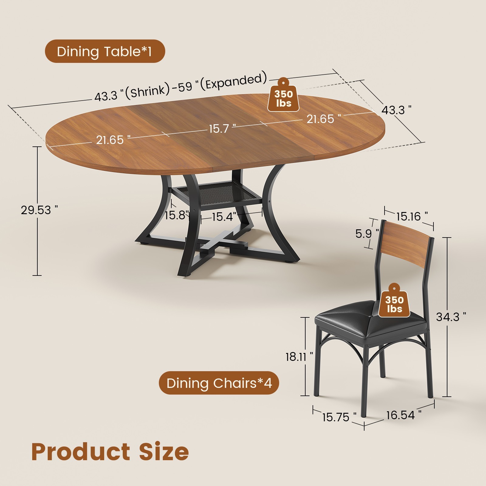 Round Extendable Dining Table Set for 4-6 People, 5-Piece Kitchen Table Set