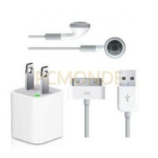 USB AC Power Adapter Earphones Sync Data/Charge Cable for Apple iPod/iPhone