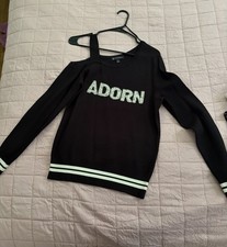 Women  s Black One Shoulder Knit Sweatshirt Pullover M Long Sleeve Stretch
