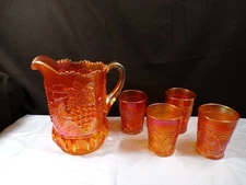 Northwood Marigold Carnival Glass Grape & Cable Water Set Pitcher & 4 Tumblers
