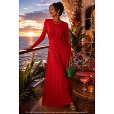 Farm Rio Red Twist-Bodice Maxi Dress Medium Long Sleeve Cruise Resort Holiday