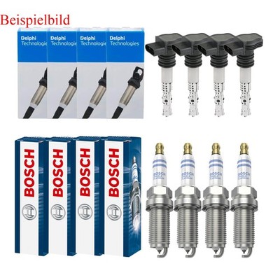 4x DELPHI Zündspule +4x BOSCH Zündkerze Doppelplatin passend für VW EOS 1F7 1F8