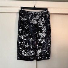 Zara Sequin Pencil Skirt Black Silver Satin Lined Party Knee Length Size S