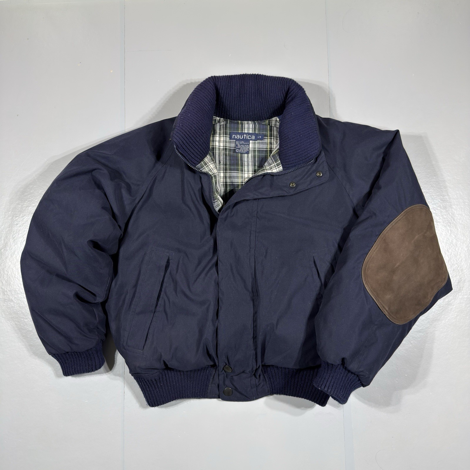 Vintage Nautica Jacket Mens Large Navy Duck Down Puffer Coat Plaid Lining Zip
