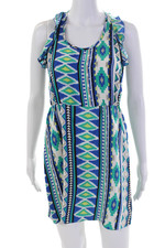 Parker Womens Open Back Ruffled Scoop Neck Printed Silk Dress White Green Small