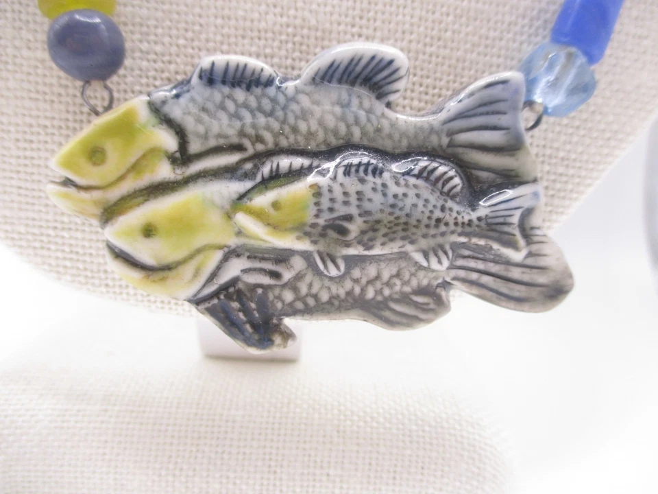 ÚNICO Collar colgante de cerámica con cuentas de pescado hecho a mano 23" 0268 Foto 3 de 4