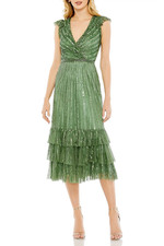 NEW MAC DUGGAL Sequined Wrap Over Cap Sleeve Ruffle Hem Dress in Sage 2 FORMAL