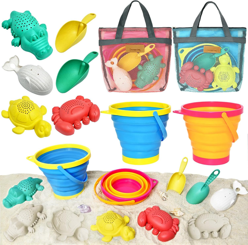 Collapsible Beach Toys for Kids Toddlers, Collapsible Sand Buckets Shovels Set w