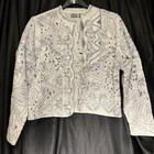Chico's White Blue Eyelet Hem Long Sleeve Jacket SIZE 3 XL 16/18 Diamond Stitch