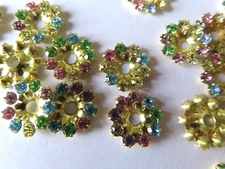 36 Round 14mm brass center hole settings, Swarovski lt multi color rhinestones