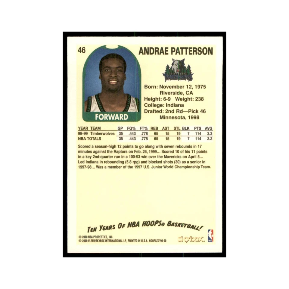 1999 Hoops Decade Andrae Patterson Timberwolves #46 - Image 2 of 3