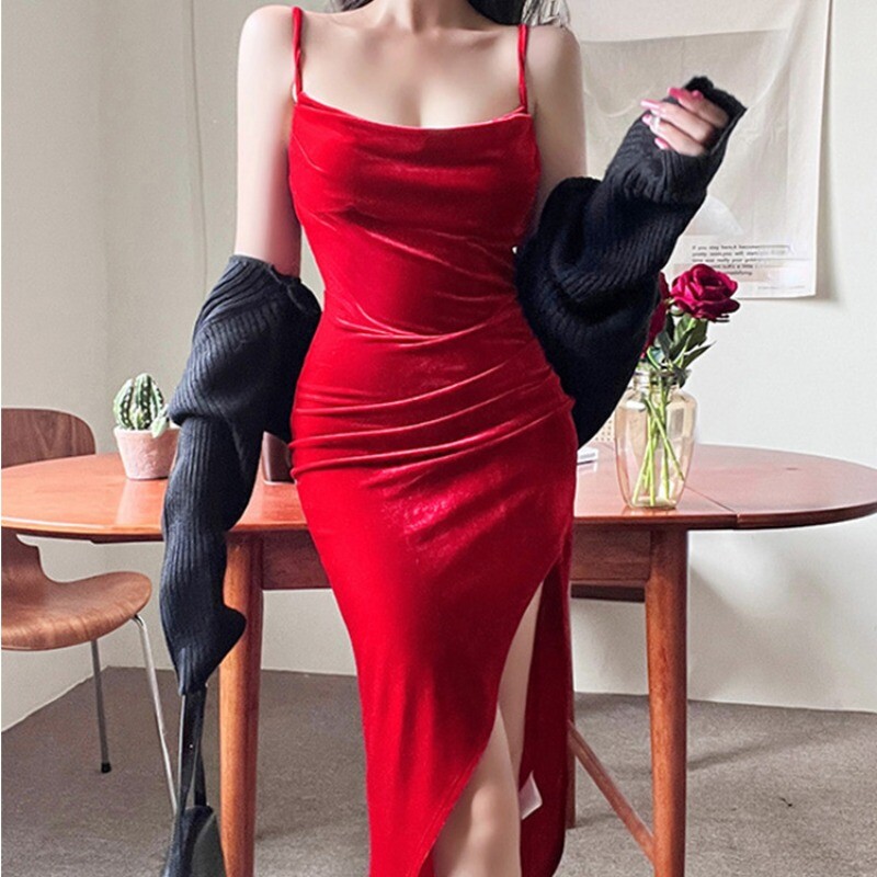 Thigh High Slit Sleeveless Velvet Bodycon Party Dress for Women, Black / S Thigh High Slit Sleeveless Velvet Bodycon Party Dress for Women, Black / S