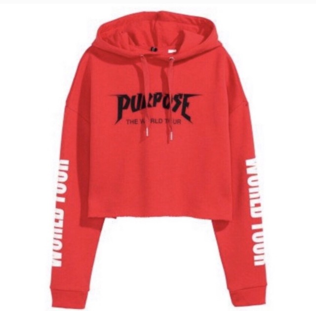 Justin Bieber Purpose World Tour Cropped Hoodie Red Divided H&M Raw Hem Pullover | eBay