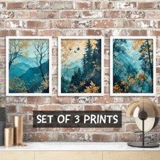 Gold And Teal Wall Art Modern Set Of 3 Prints Nature Landscape Botanical Artwork