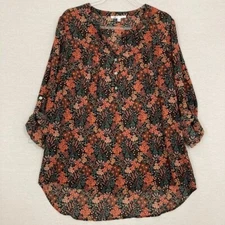 DR 2 Black Multi Ditsy Floral Button Rolled Tab Popover Blouse Large