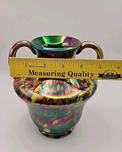 Fenton Dave Fetty Art Glass Mosaic 2005 2 Handle Iridescent Vase #181 Signed - Picture 14 of 15