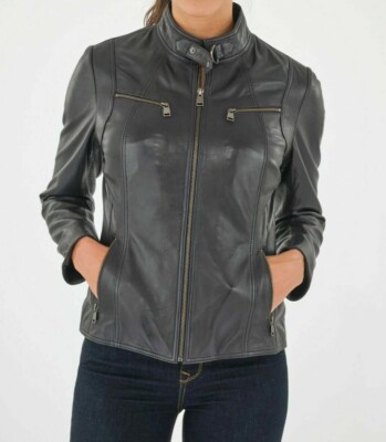 Black Leather Jacket For Women Motorcycle Biker 100% Pure Lambskin Leather Coat