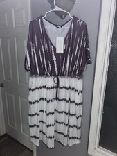 BLOOMCHIC SZ 18-20 white Purple Tie-dye vneck elastic waist knee length dress