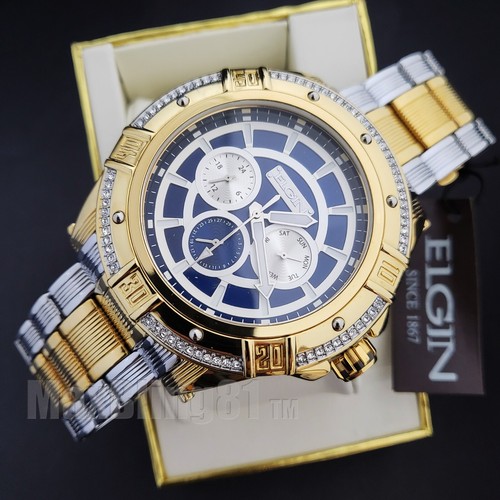 Mens Elgin Luxury Two Tone Simulated Diamond Stainless Steel Big Face Iced Watch - 第 2/5 張圖片