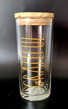 Rae Dunn "Grateful" Glass Canister Storage Container Clear  Yellow Wood Lid