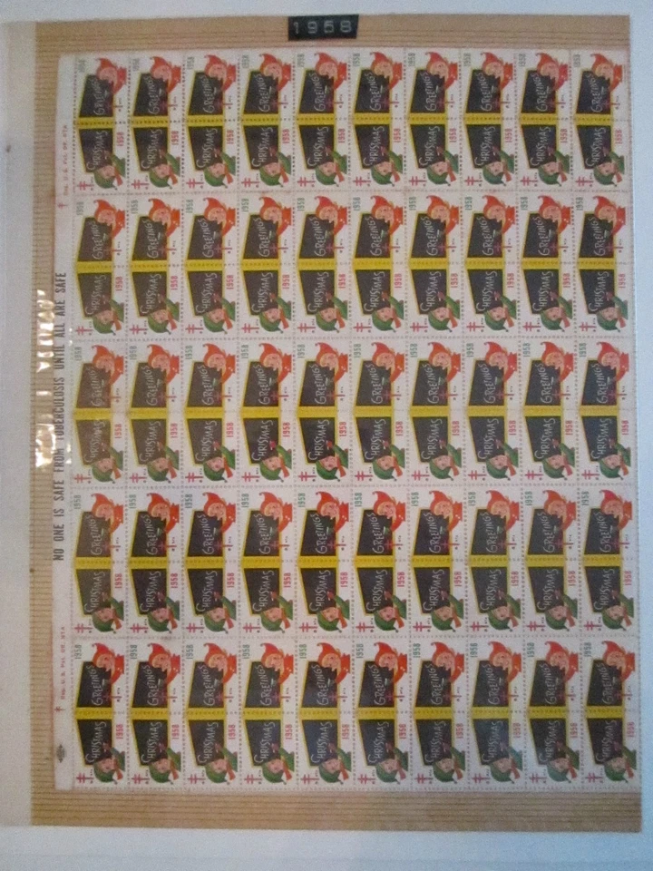 10 U.S. CHRISTMAS SEALS SHEETS - MINT - 1957-1966 - STUCK TO CARDBOARD - TUB EE - Image 2 of 4