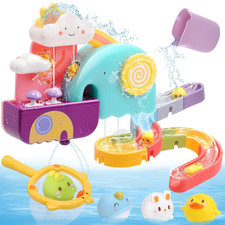 Baby Bath Toys, No Hole Floating Squirting Bathtub Toy W/ Water Slide Building T