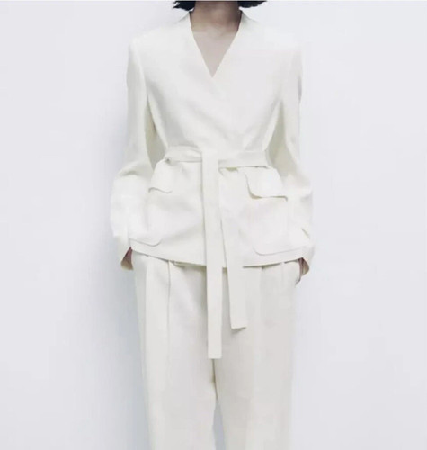Zara Damen Weiß Ecru Elfenbein Leinen Gürtel Blazer Cocktail Small Neu mit Etikett* - Bild 7 von 7