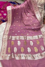 Wine 100 khadi Chiffon Sari Zari Banarasi Woven Designer Saree With Blouse Pc