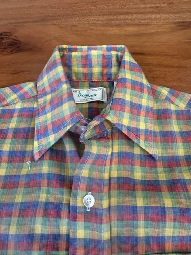 Vintage Boys 70s Shirt Dagger Collar Long Sleeve Button Down Plaid Bright 14 - Picture 2 of 8