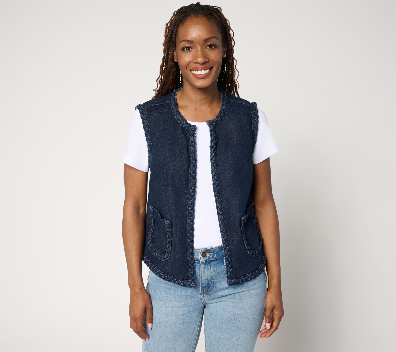 SUNNYLiFE Women's Plus Sz Jacket 1X Denim Vest Braided Trim Blue A692540
