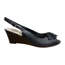 HB Shoes Ladies Navy Leather Court High Heels Open Toe Wedges Slip On Size 8 42