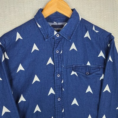 SCOTCH SODA Mens Large Pure Indigo Cotton Shirt Soft Arrow Print Chest Pocket