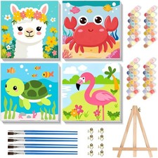 4 Pack Paint by Numbers Kit for Kids with Frame and Easel, Cute Animals Kids Pai