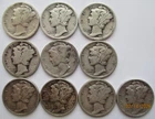 1925 to 1945 Silver Mercury Dime set, 10 Different Circulated Dimes