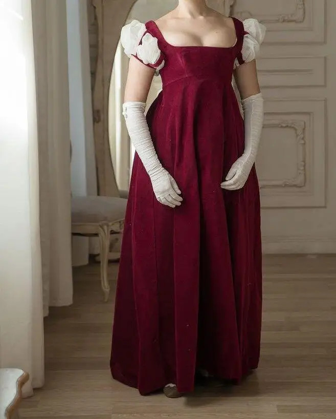 Empire High Waistline Red Dress Victorian Jane Austen Evening Velvet Ball  Gown | eBay