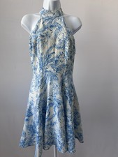 Altar'd State Sz: M White & Blue Tropical Toiled Halter Linen Blend Dress (B52)