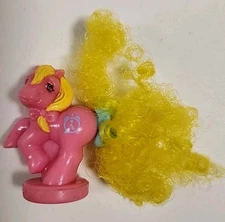 Vtg G1 My Little Petite Ponies Mini MLP Pink Clock Pony 1.25" Curly Yellow