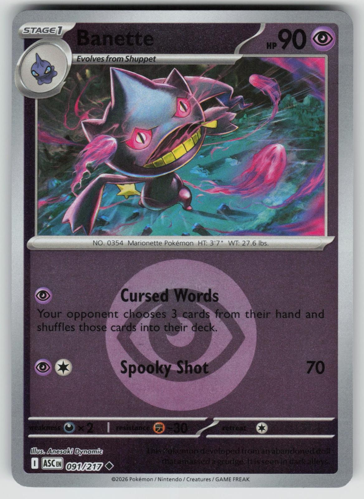 BANETTE - 91/217 ENERGY SYMBOL PATTERN ASCENDED HEROES POKEMON REVERSE HOLO NM/M