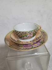 Set of 4 VNTG Porcelain Tea Cup/Saucers/Plates & Creamer Hand Painted Flowers