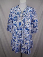 Grace Karma Tiered Dress Size Large Blue White Floral Mix Print New 