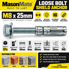 MasonMate M8 x 25mm Loose Bolt Shield Anchors Masonry Concrete Fixings 37 Pack