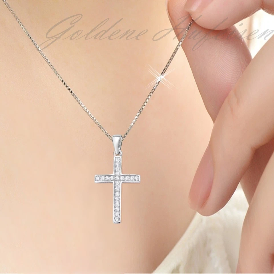 Zirkonia Kreuz Anhänger Halskette 925 Sterling Silber Jungen Damen Herren Kette - Bild 2 von 4